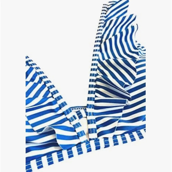 Phurro Ruffle V Neck Stripe Bikini Top size Medium Blue and White NWT - Picture 2 of 5
